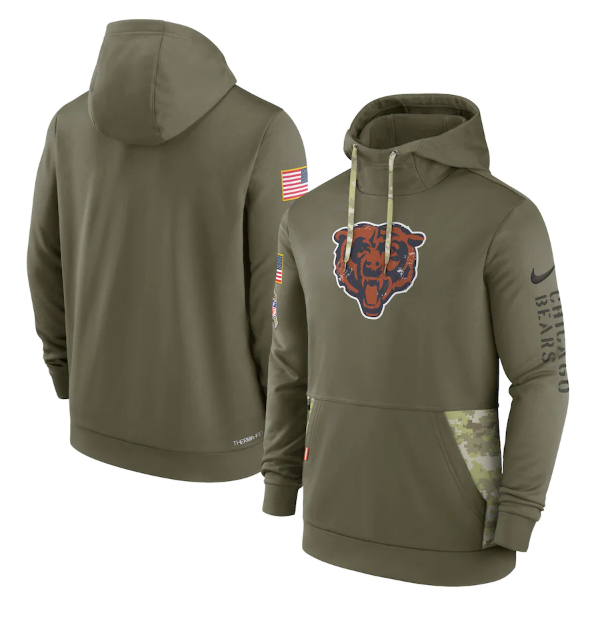 Men's Chicago Bears 2022 Olive Salute to Service Therma Performance Pullover Hoodie